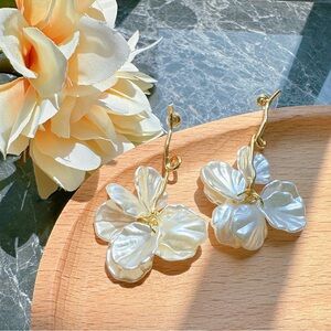Litsky Handmade Bridal Statement Drop Earrings, White Shell Flower Petal